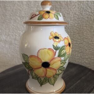 Vintage Ceramic Canister / Cookie Jar Yellow Orange Brown Daisy Flower Pottery‎